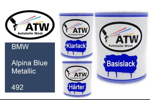 BMW, Alpina Blue Metallic, 492: 1L Lackdose + 1L Klarlack + 500ml Härter - Set, von ATW Autoteile West.